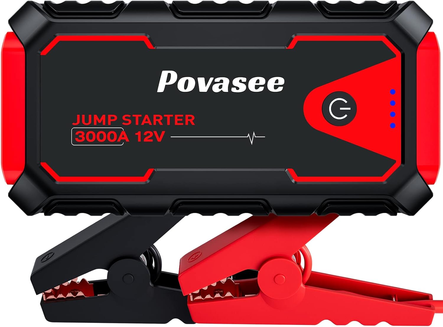 "Image of the Povasee 3000A 12V Jump Starter, a portable car battery booster with heavy-duty clamps, designed for quick and reliable vehicle jump-starting