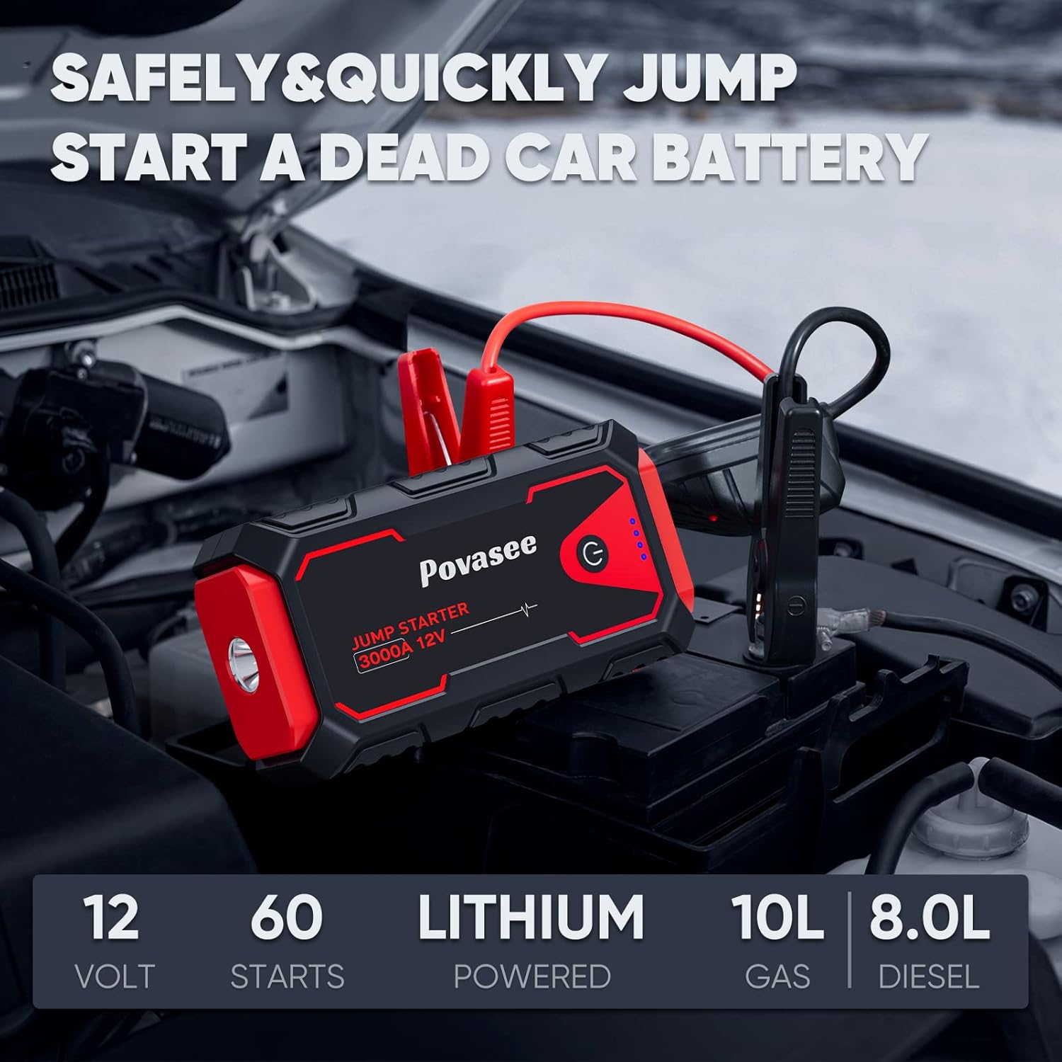 Safely and quickly jump-start a dead car battery with the Povasee 3000A Jump Starter, compatible with 12V batteries, up to 10L gas and 8L diesel engines