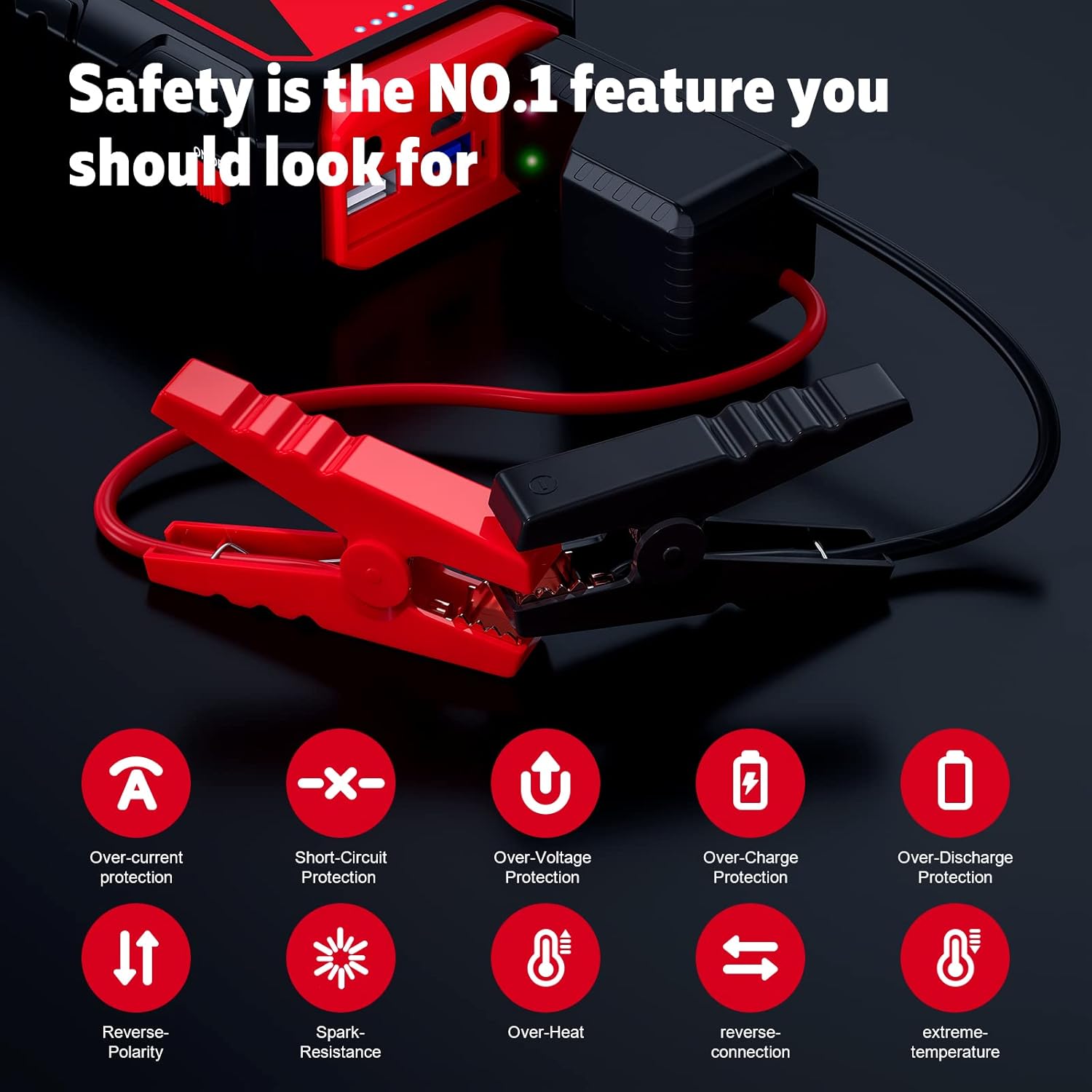 Povasee 3000A Jump Starter with advanced safety features including over-current, short-circuit, over-voltage, over-charge, over-discharge, and reverse-polarity protections