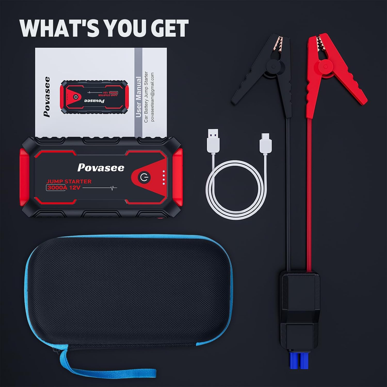 Complete Povasee 3000A Jump Starter kit with included accessories: user manual, USB charging cable, jumper cables, and a protective carrying case for convenience and portability