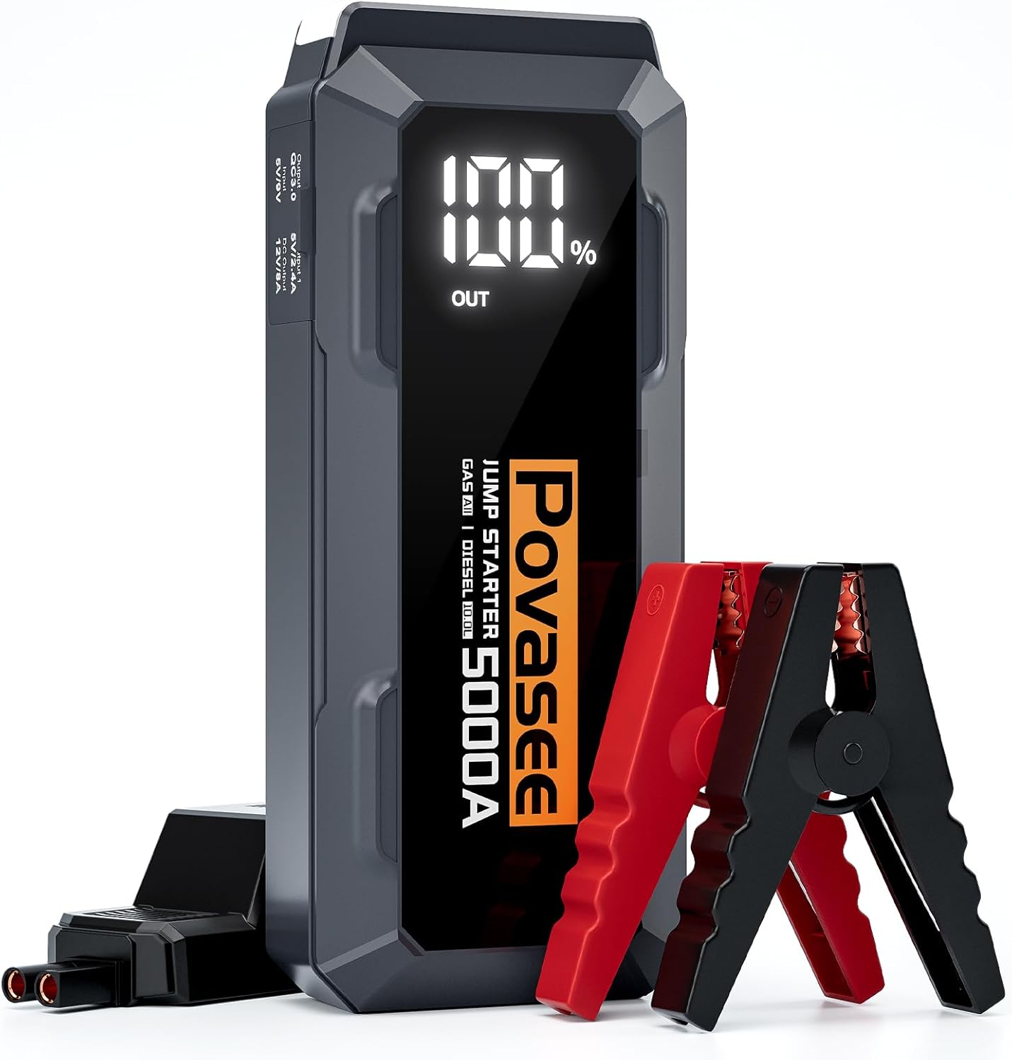 High-performance Povasee 5000A Jump Starter with dual clamps, digital display, and 12V capability, suitable for gas and diesel engines up to 10L