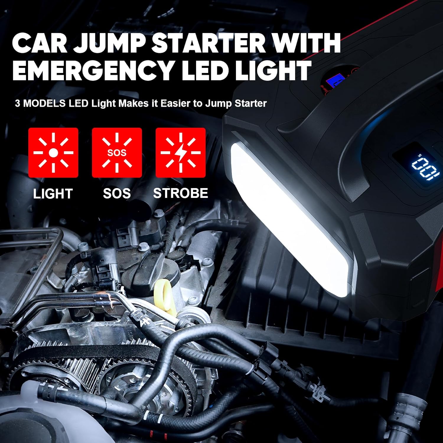 High-performance Povasee Jump Starter with emergency LED light featuring light, SOS, and strobe modes for enhanced safety during vehicle emergencies